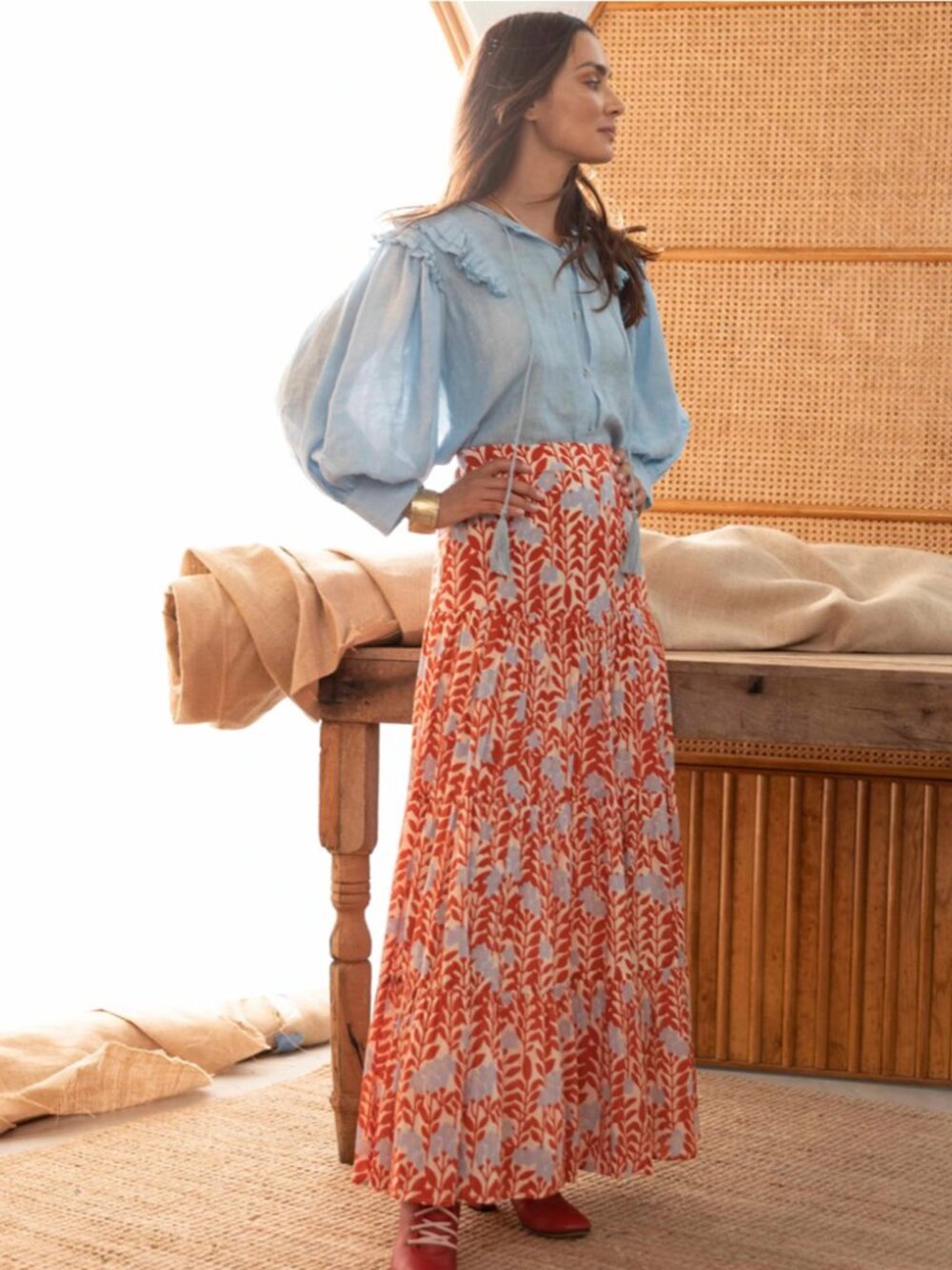 Carolina K Catalina Belen Flower Midi Skirt Organic Cotton Red White - Small